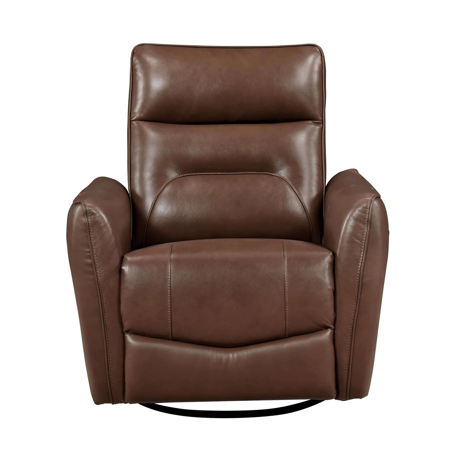 Front view of a brown leather recliner chair on a white background