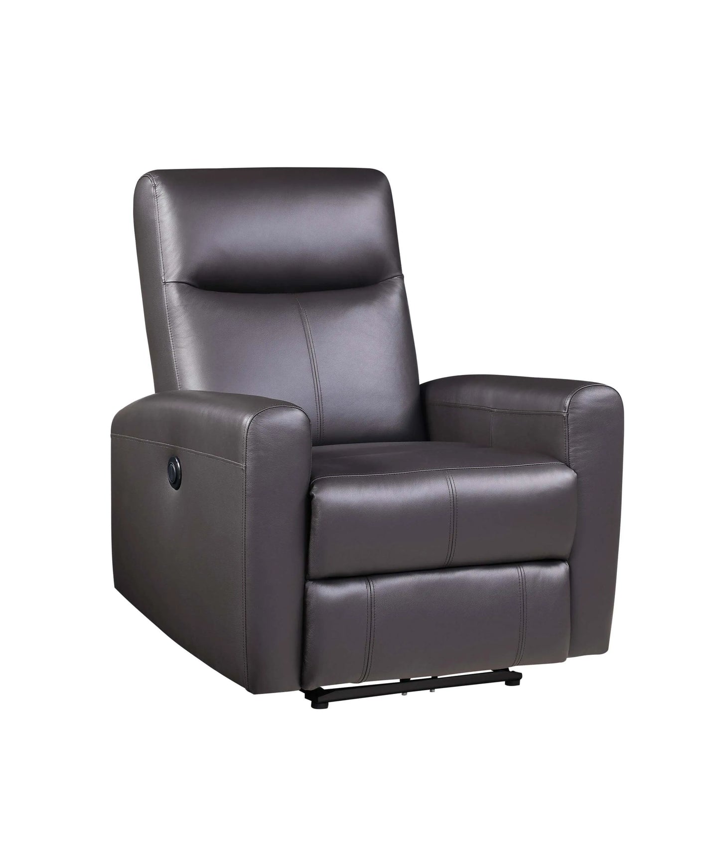 Brown recliner chair with black metal frame base on a white background