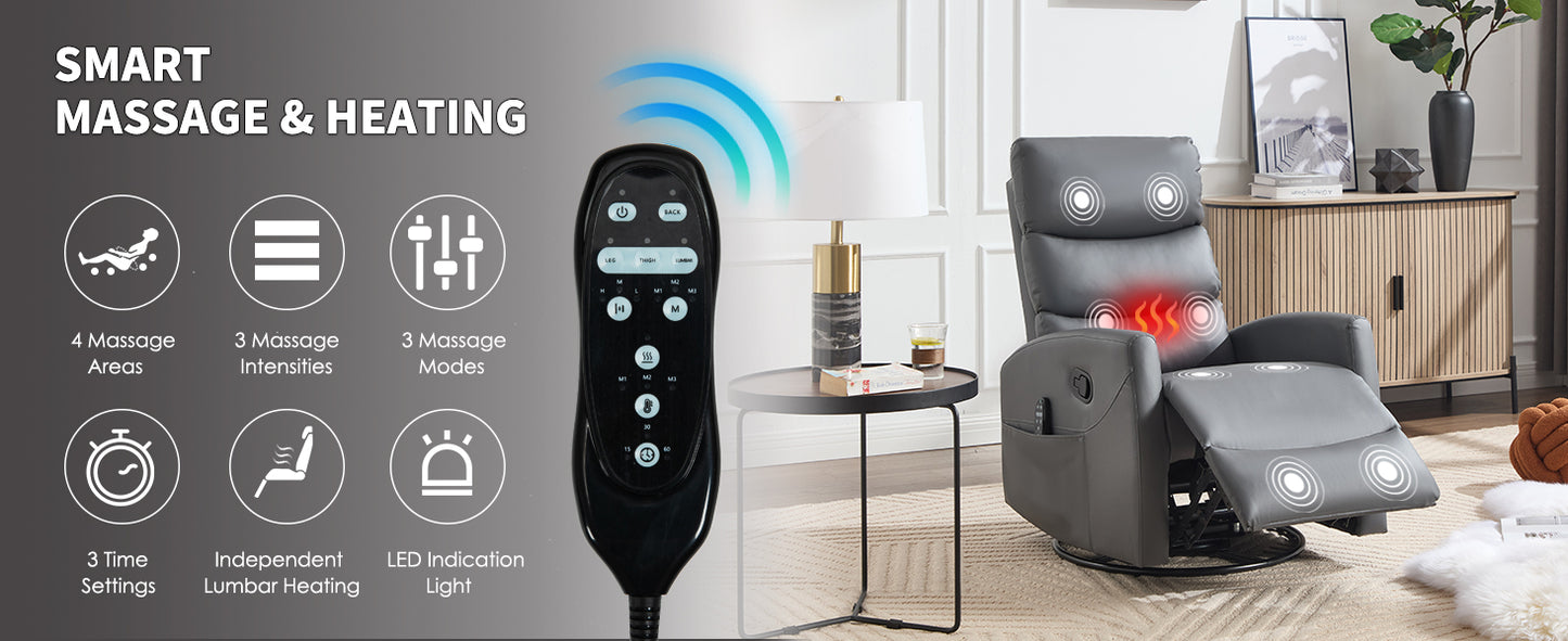 Massage recliner chair with remote control in a living room setting, highlighting smart massage and heating features.