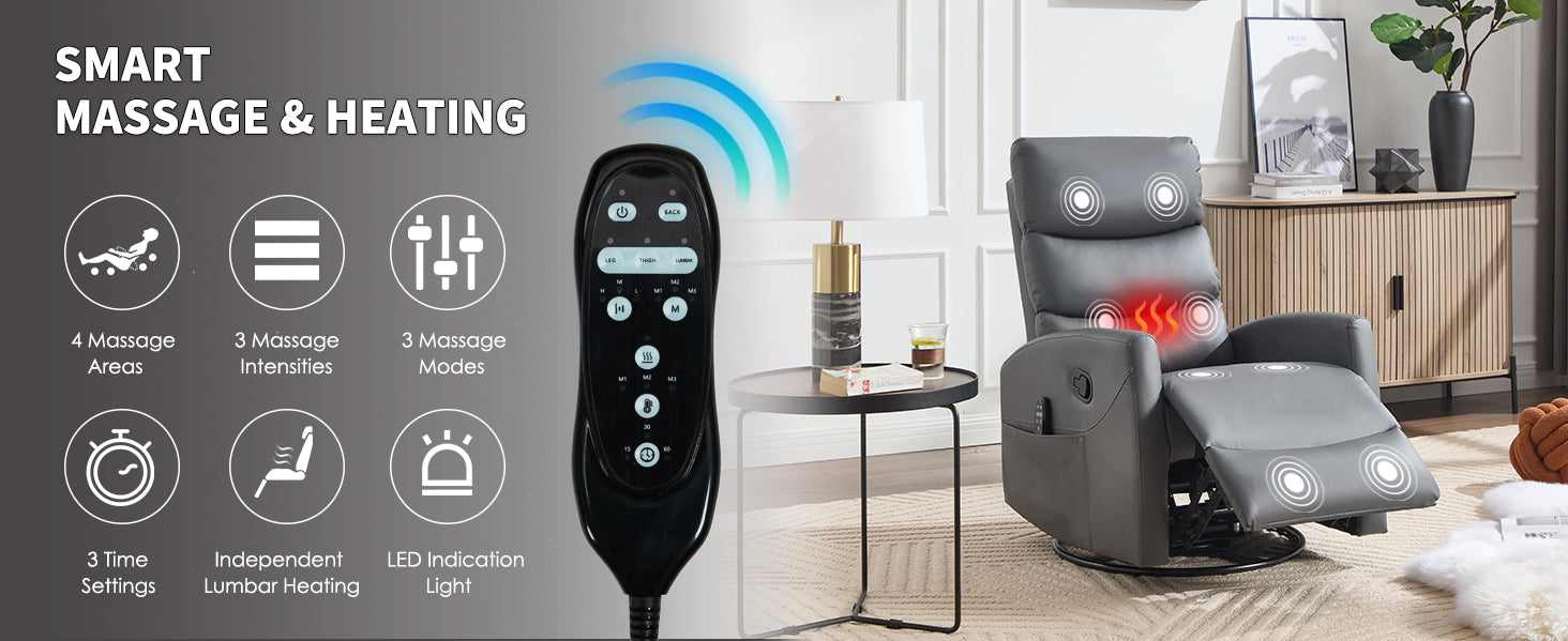 Massage recliner chair with remote control in a living room setting, highlighting smart massage and heating features.
