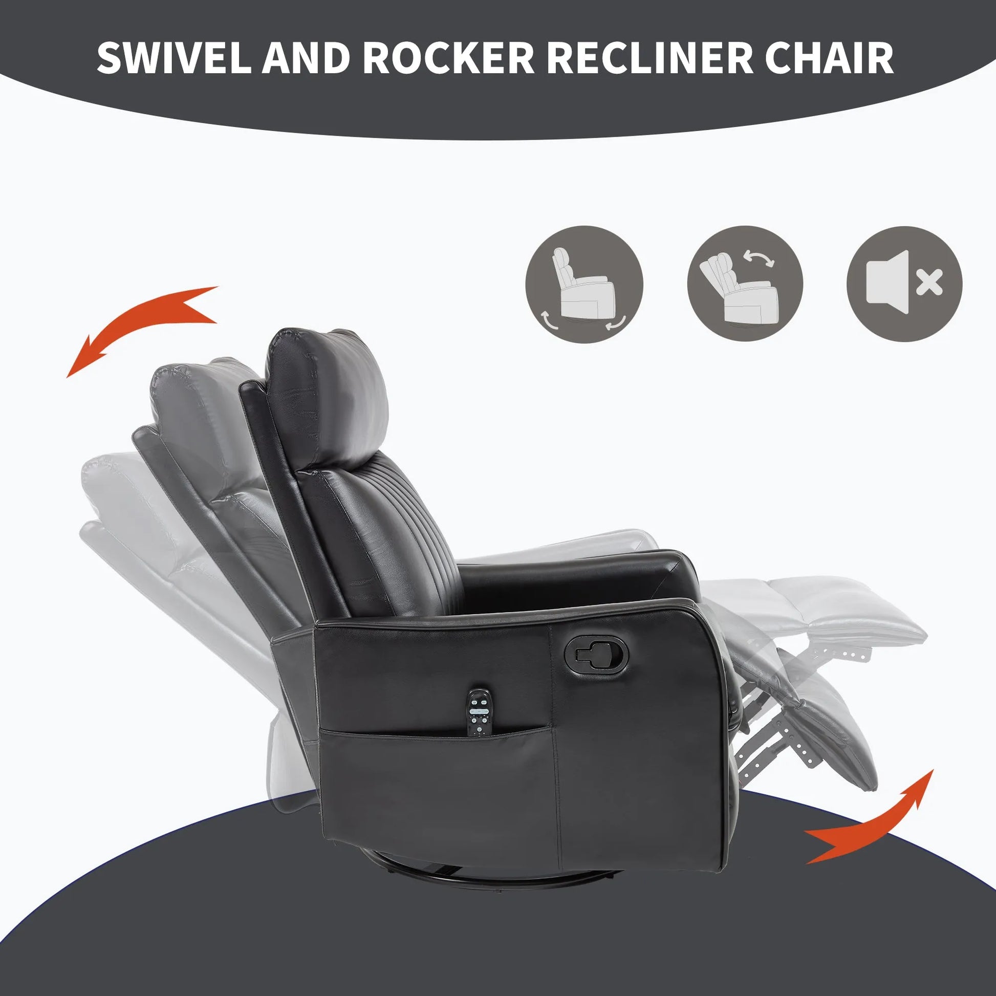Black swivel and rocker recliner chair with features indicated by icons on a white background.