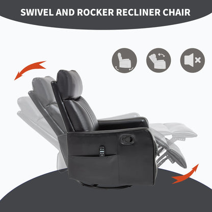 Black swivel and rocker recliner chair with features indicated by icons on a white background.
