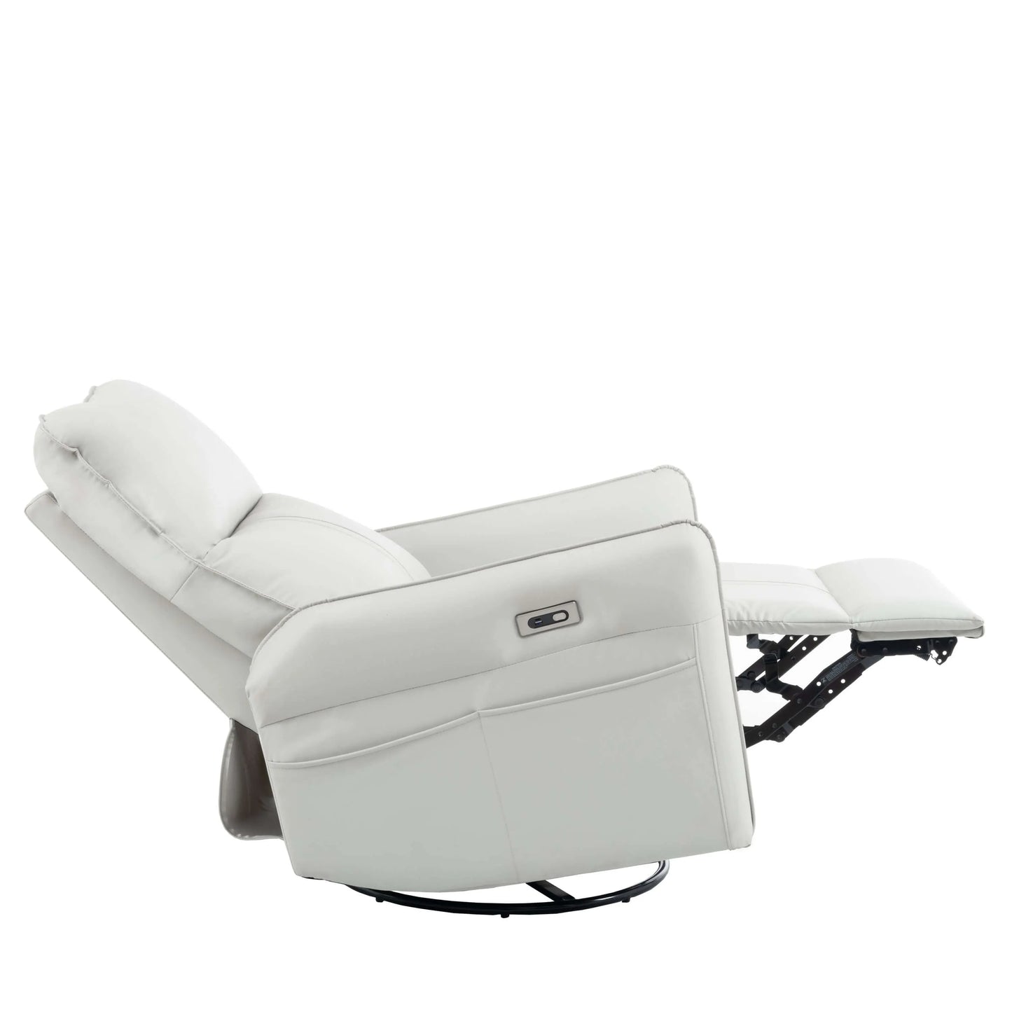 Side view of a light gray recliner chair fully reclined on a white background