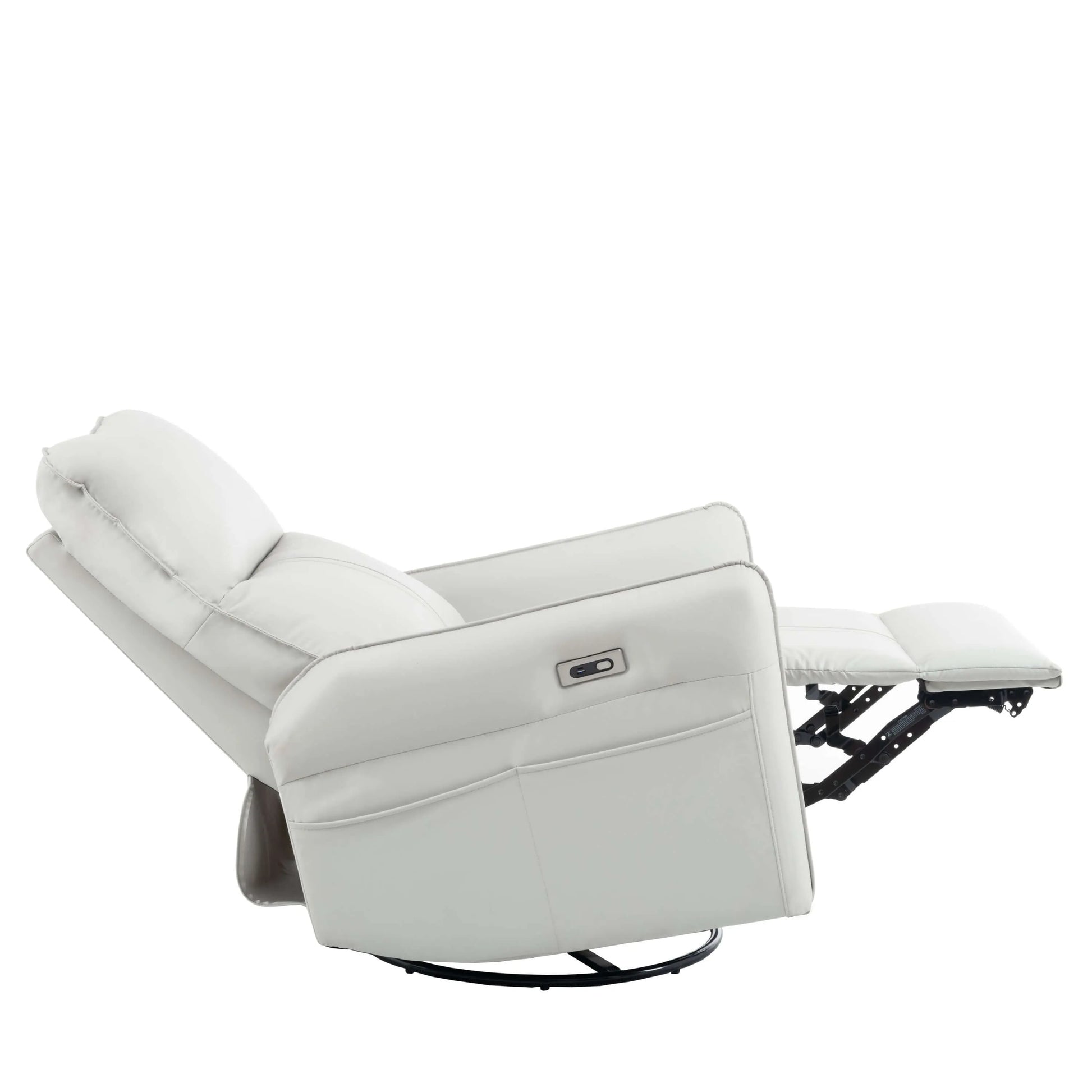 Side view of a light gray recliner chair fully reclined on a white background