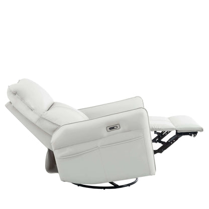 Side view of a light gray recliner chair fully reclined on a white background