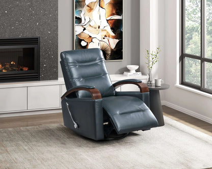 Luxurious navy blue faux leather swivel glider recliner chair with woodent arms in a living room setting with a fireplace and artwork.