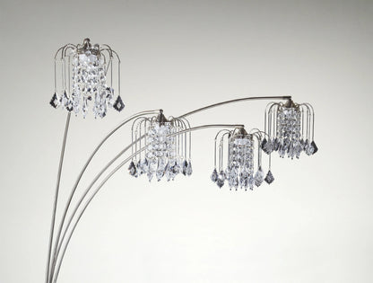 Chandelier style floor lamp with multiple crystal lights on a gray background