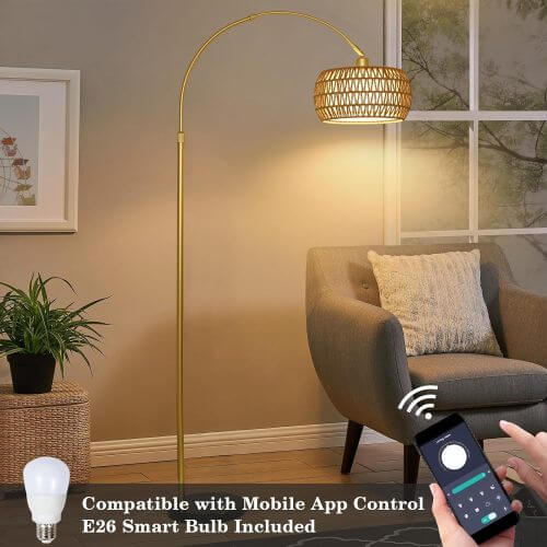 Boho Arc Floor Lamp with Remote, Dimmable LED & Rattan Shade – Gold