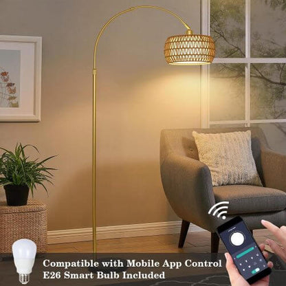 Boho Arc Floor Lamp with Remote, Dimmable LED & Rattan Shade – Gold