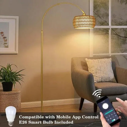 Gold floor lamp in a living room with a smartphone app control feature.