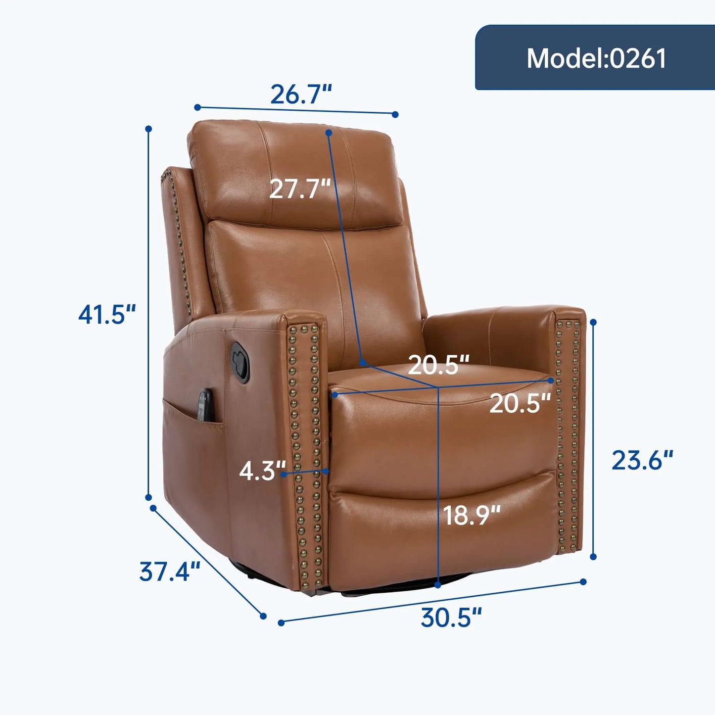 Brown leather recliner chair with dimensions labeled on a white background