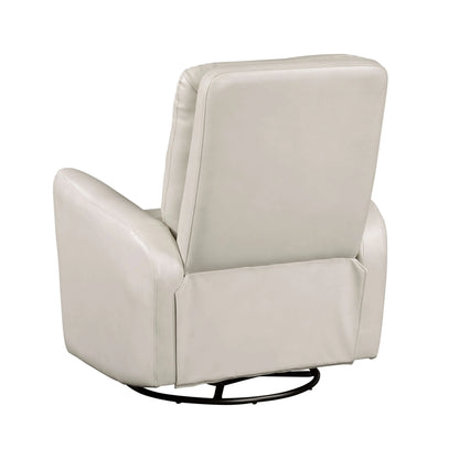 Angled back view of a beige recliner chair with a black metal base on a white background