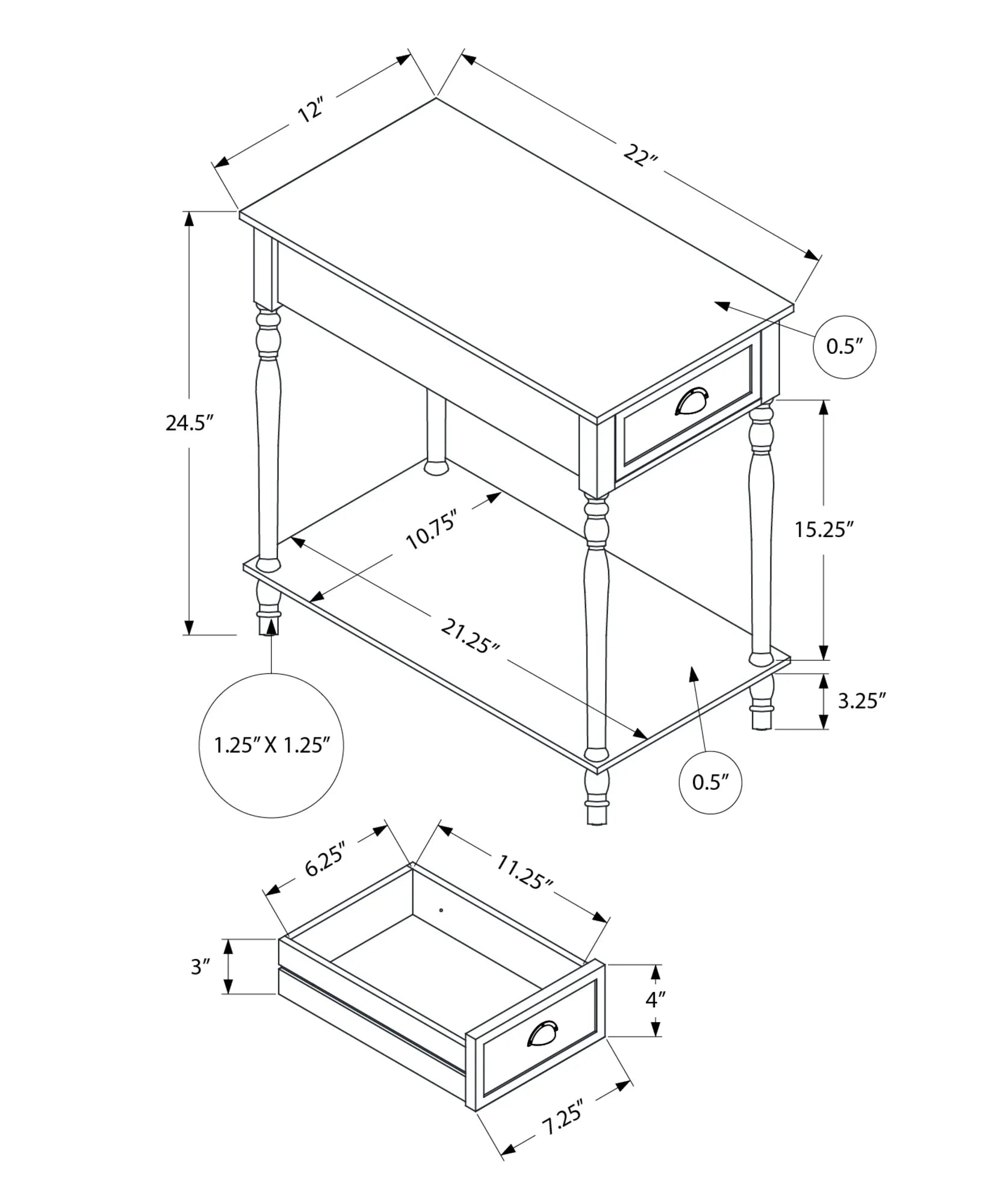 Technical drawing of a wooden end table with dimensions