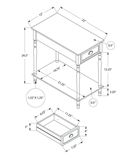 Technical drawing of a wooden end table with dimensions