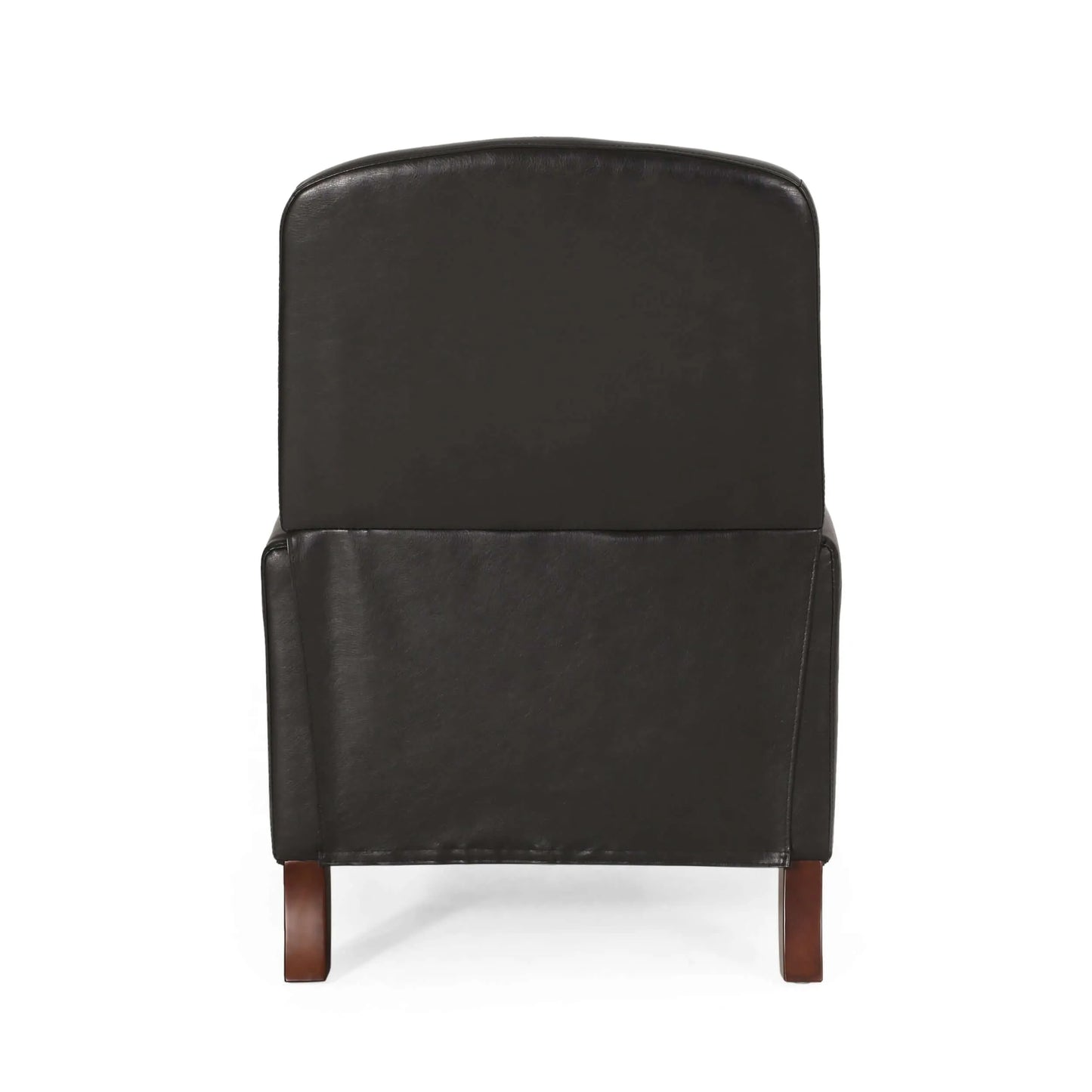 Back side of a black leather recliner chair with wooden legs on a white background