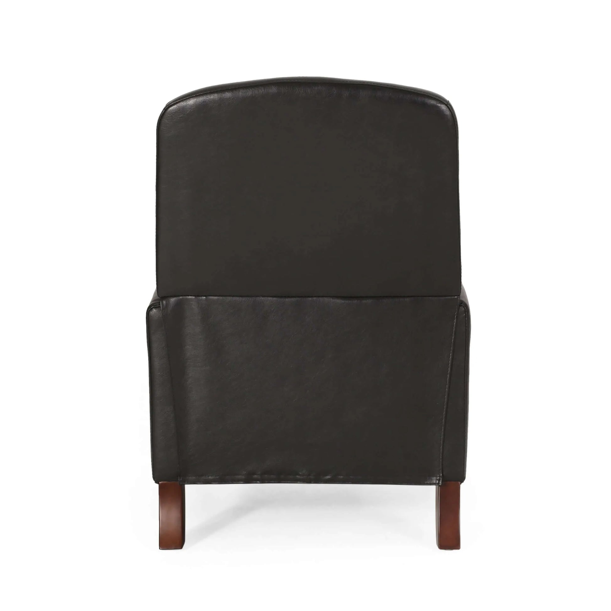 Back side of a black leather recliner chair with wooden legs on a white background
