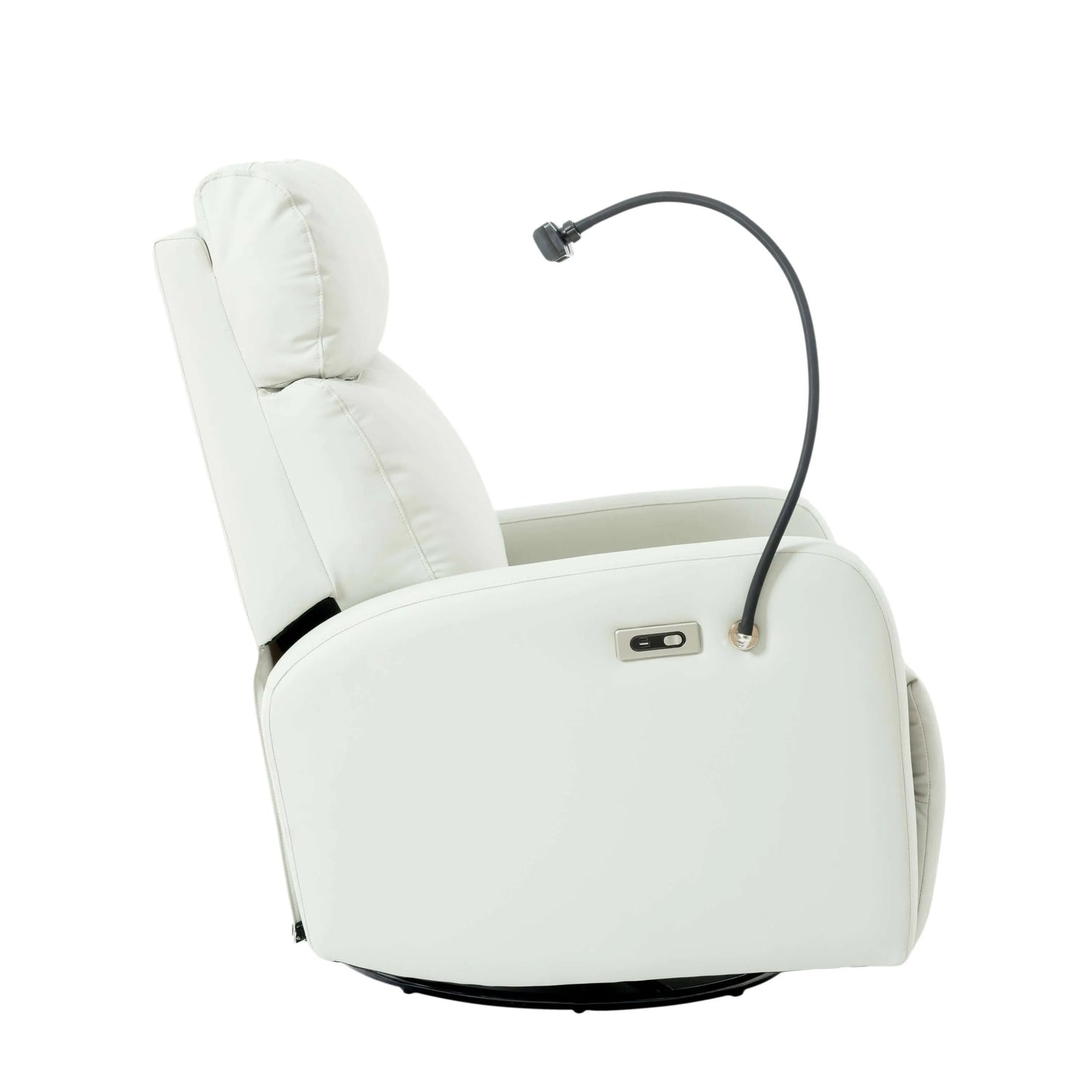 Side view of a light gray massage recliner chair with control panel on a white background