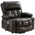 Brown leather recliner chair with remotes in a storage pocket on a white background