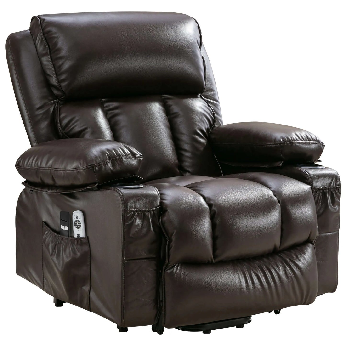 Brown leather recliner chair with remotes in a storage pocket on a white background