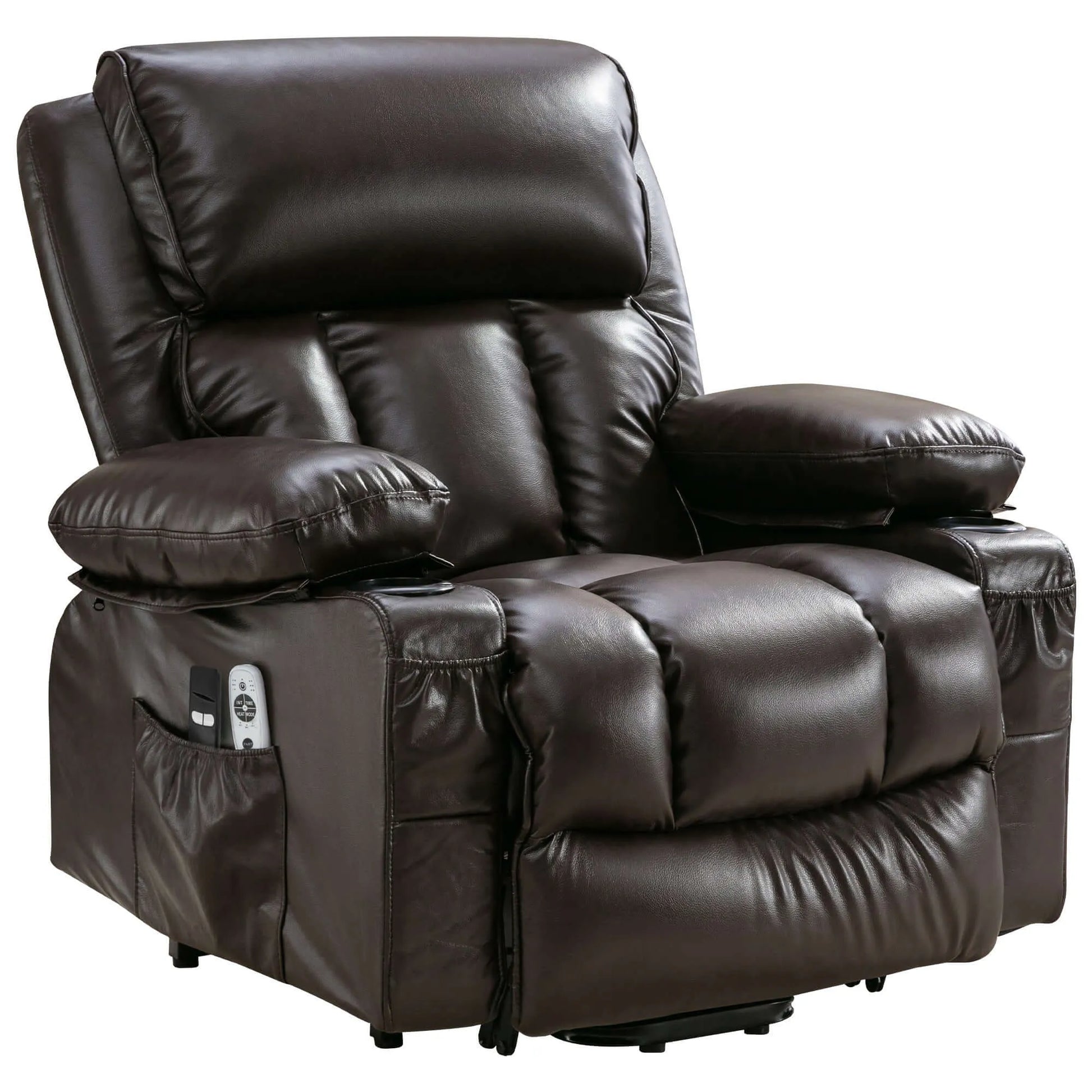 Brown leather recliner chair with remotes in a storage pocket on a white background