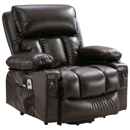 Brown leather recliner chair with remotes in a storage pocket on a white background