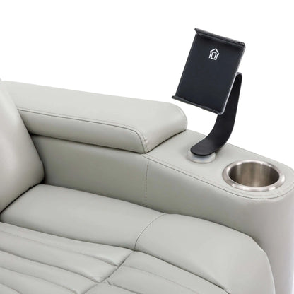 Phone holder on a gray leather recliner chair with cup holder