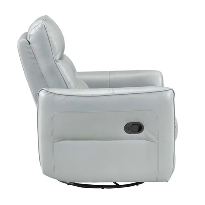 Side view of a light blue leather recliner chair with power button on a white background