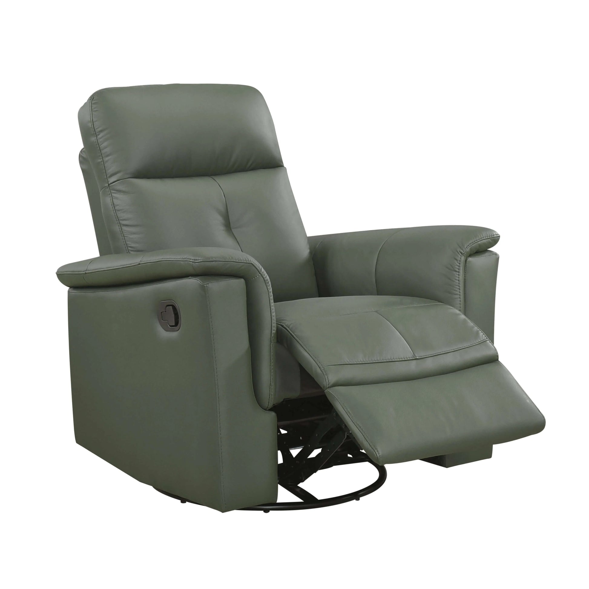 Front right angle view of a green leather swivel glider recliner chair with footrest opened on a white background