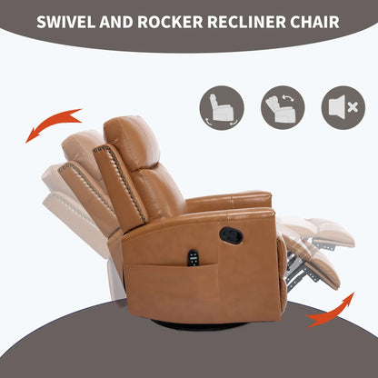 Brown swivel and rocker recliner chair with features highlighted on a white background