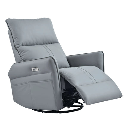 Blue gray recliner chair with footrest partially extended on a white background