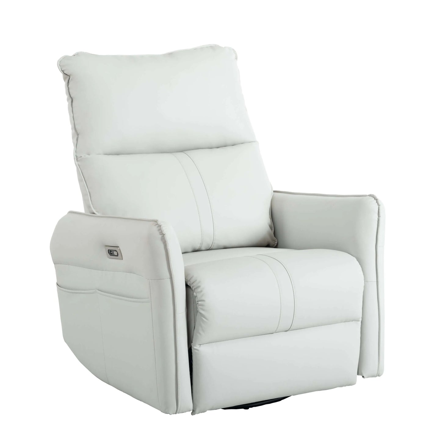 Light gray recliner chair with control panel and black swivel base on a white background