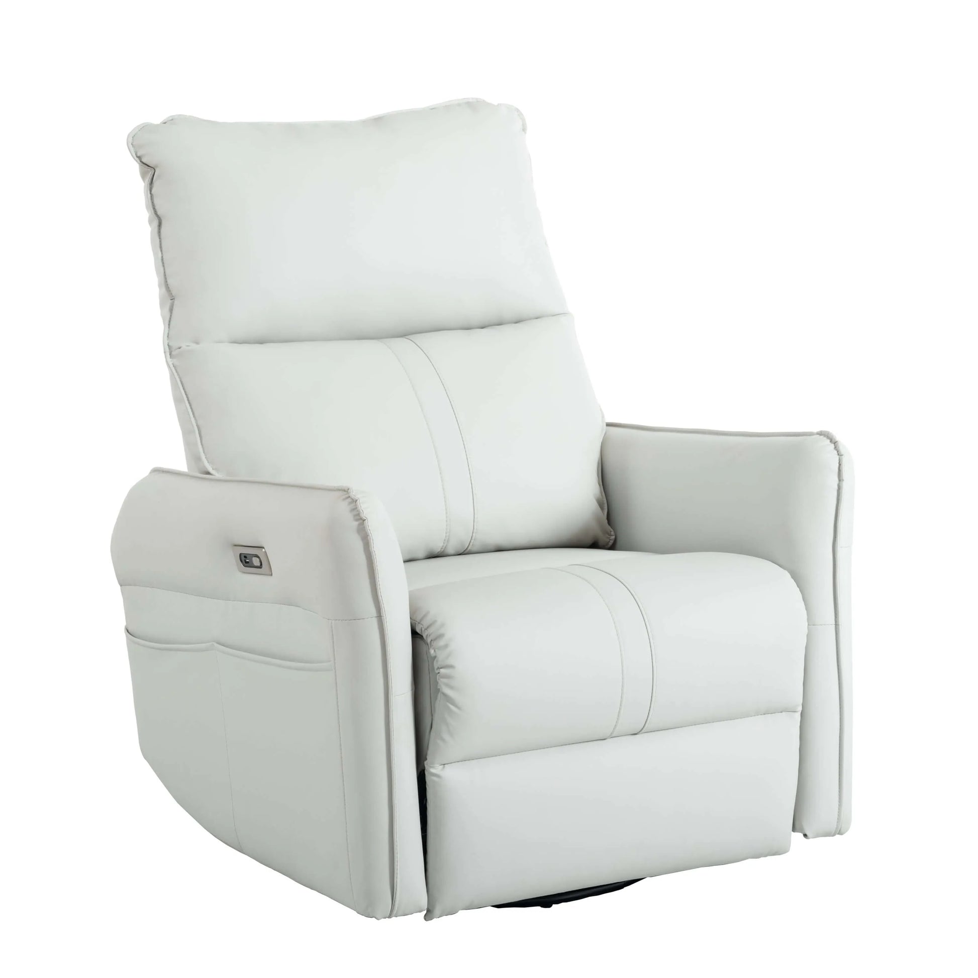 Light gray recliner chair with control panel and black swivel base on a white background