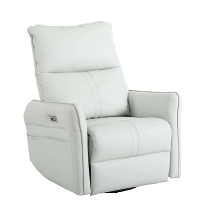 Light gray recliner chair with control panel and black swivel base on a white background