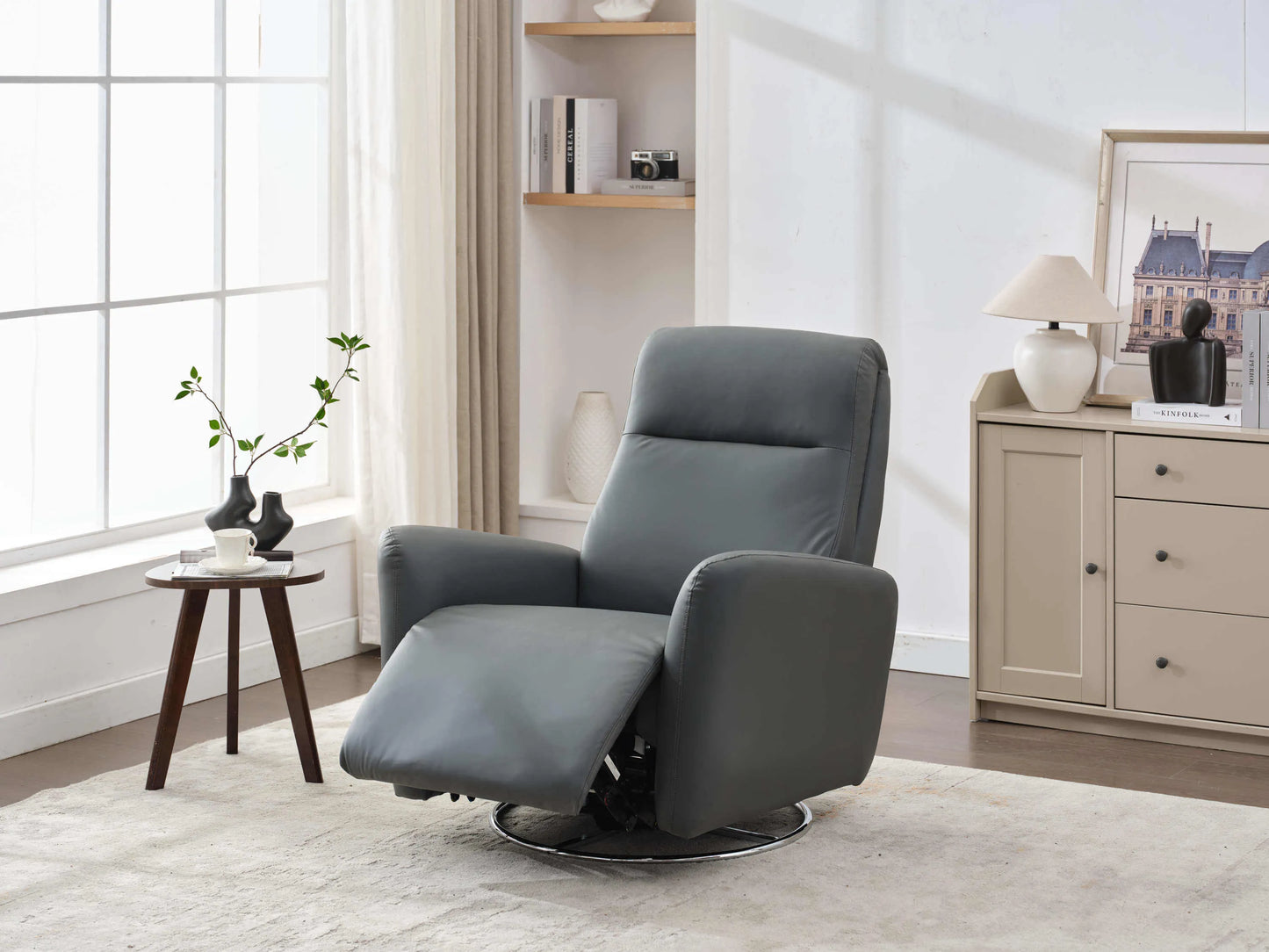 Front angle view of the Power Swivel Glider Recliner-Dark Gray 