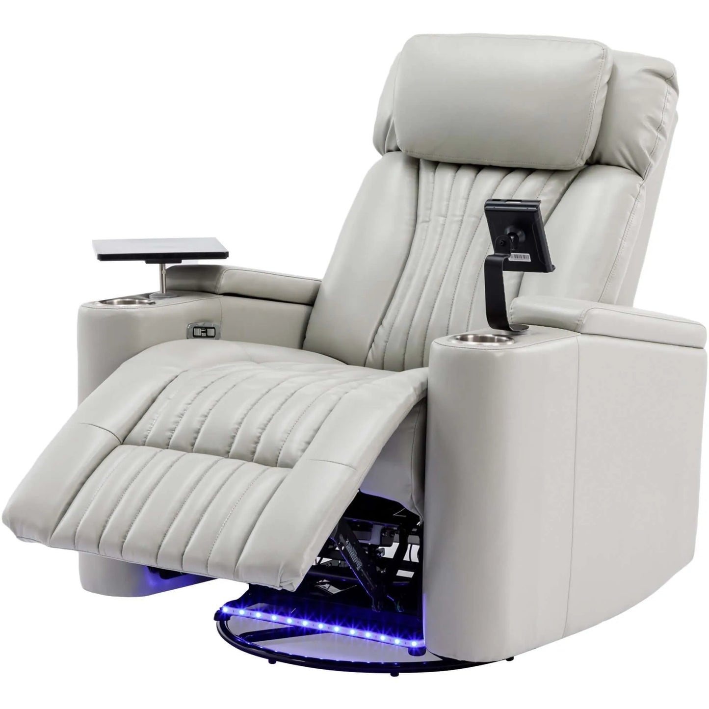 Gray recliner chair with footrest extended, cup holders and LED lighting on a white background