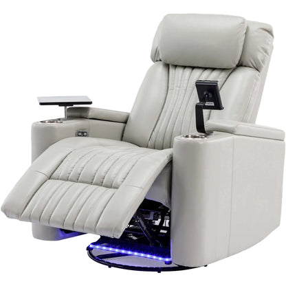 Gray recliner chair with footrest extended, cup holders and LED lighting on a white background