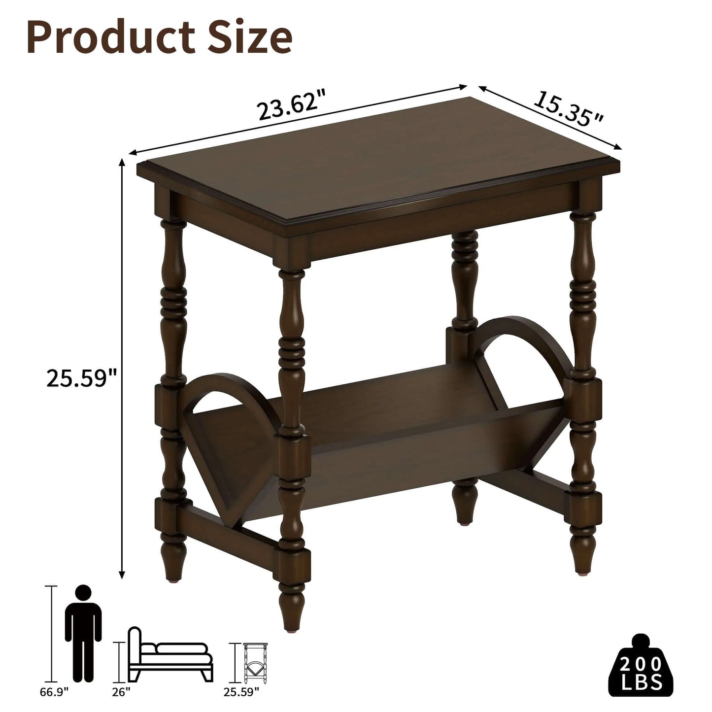 Wooden end table with dimensions and weight capacity indicated