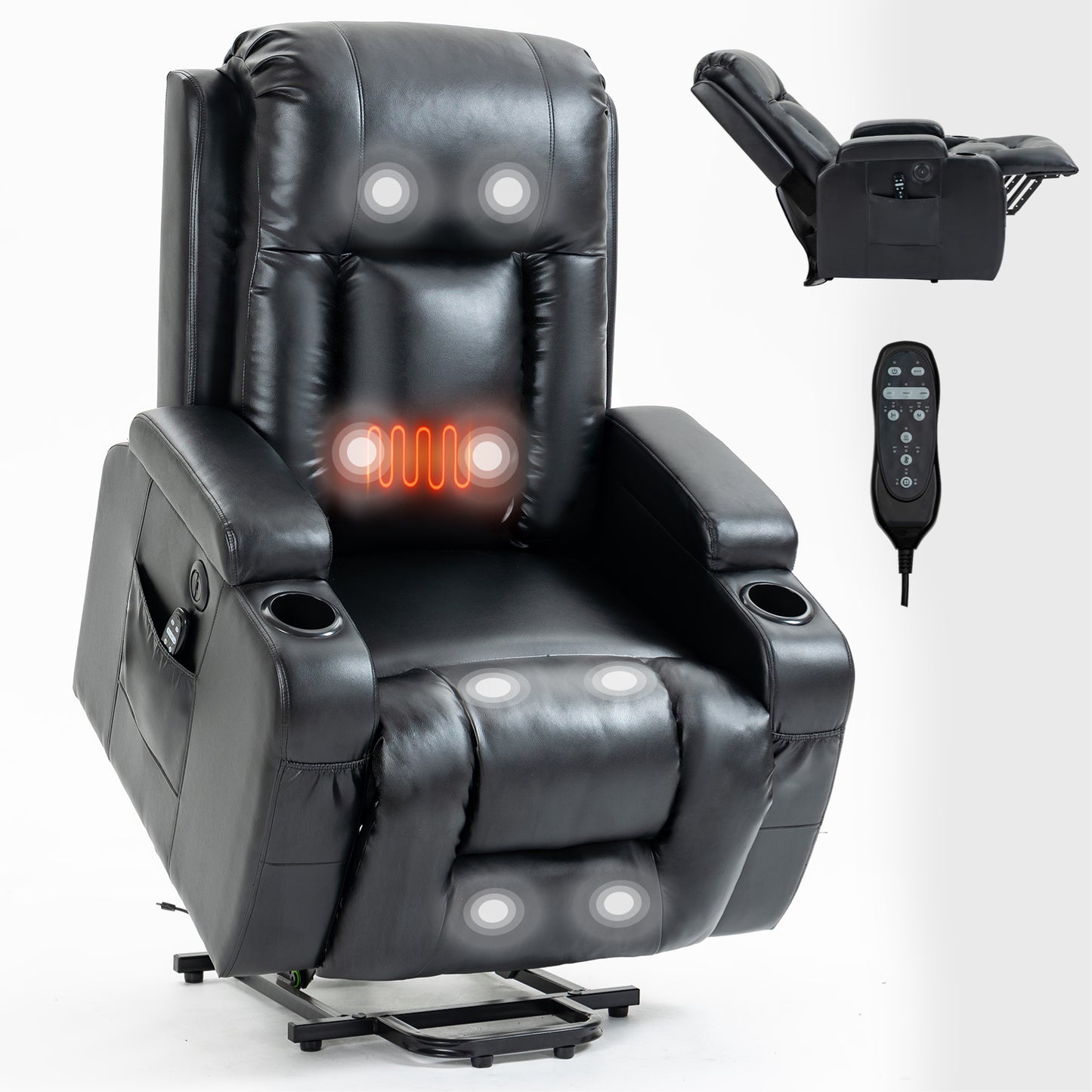350 LB Power Lift Recliner w/ Massage, Heat, USB & Cup Holders – Black