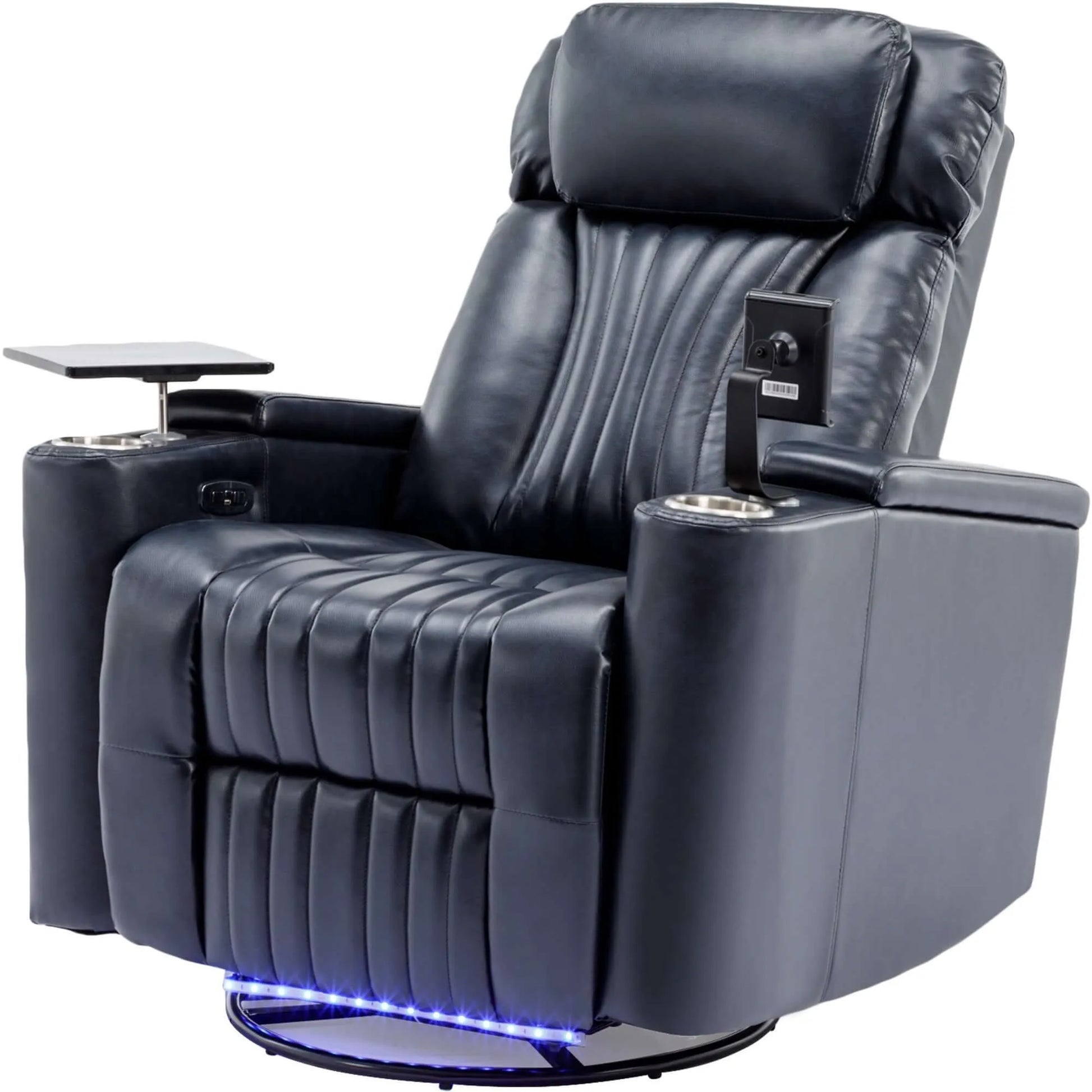 Blue recliner chair with cup holders, tablet stand, cup holders and black metal swivel base on a white background