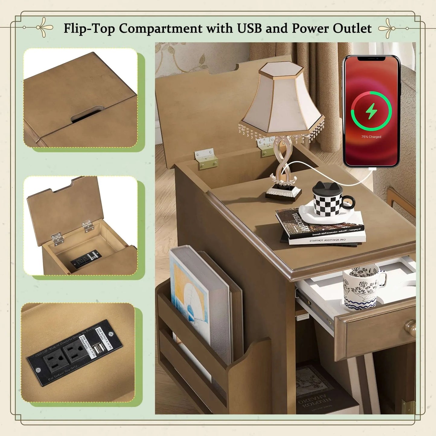 Brown end table with flip-top compartment, USB, and power outlet, featuring a phone charging on a lamp.