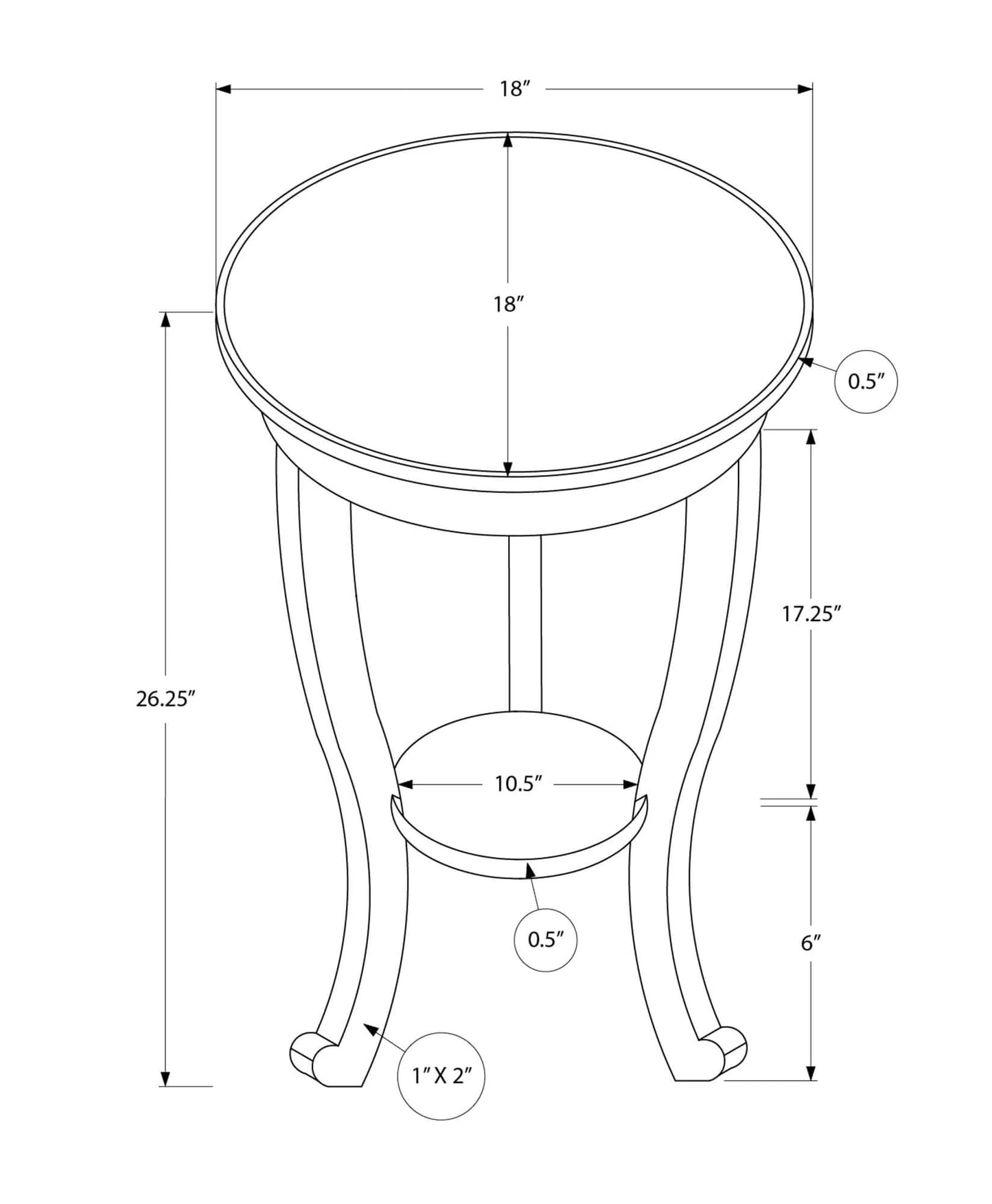 Technical drawing of a round table with dimensions labeled
