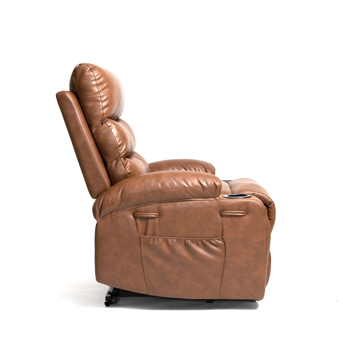 Side view of a brown faux leather power lift recliner chair on a white background