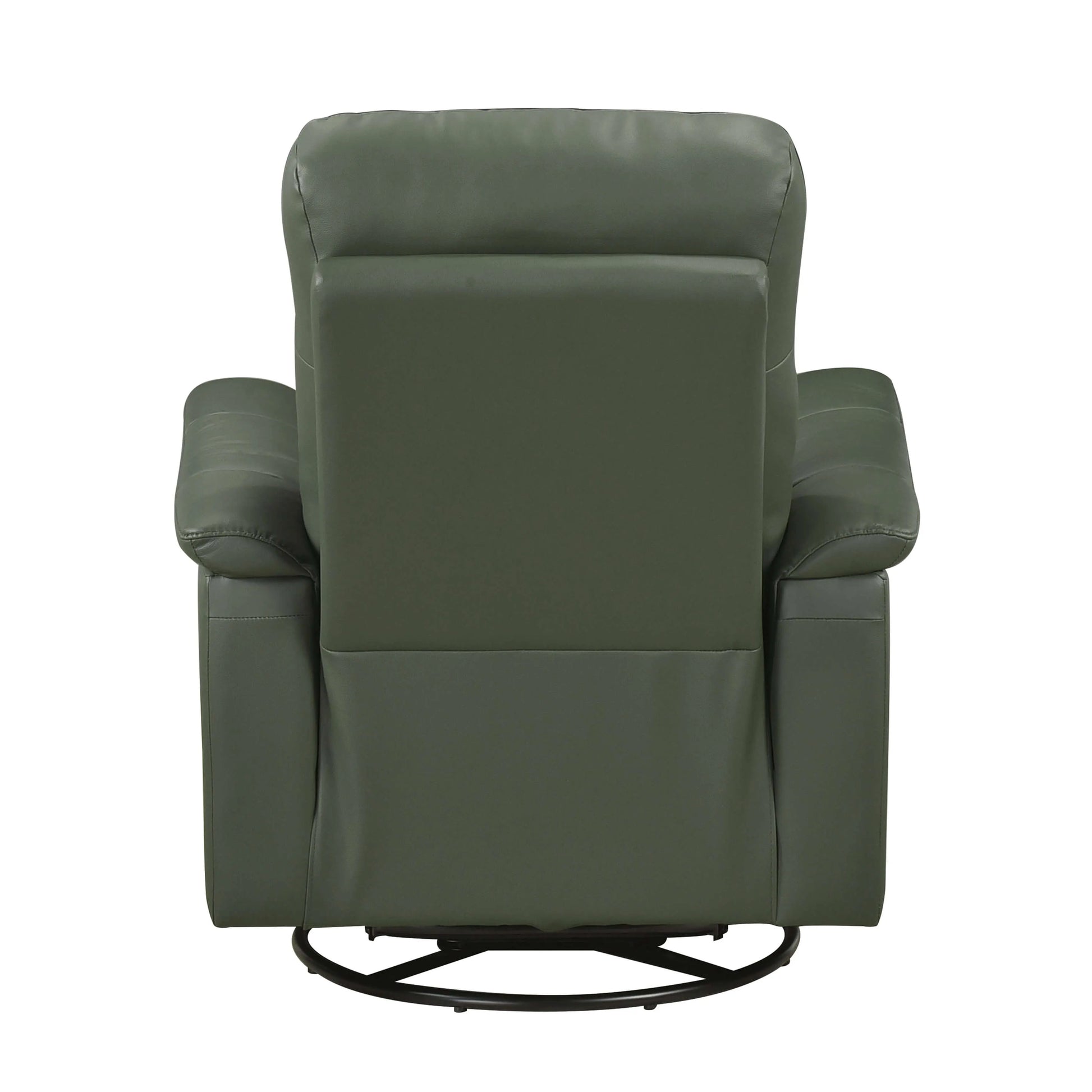Back side view of a green leather swivel glider recliner chair on a white background