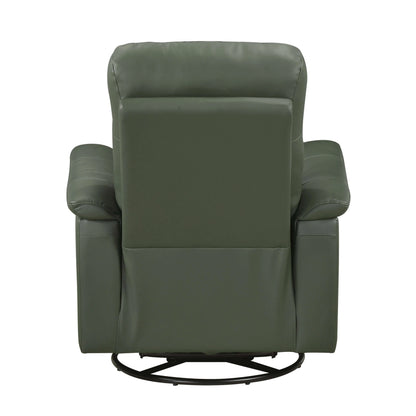 Back side view of a green leather swivel glider recliner chair on a white background