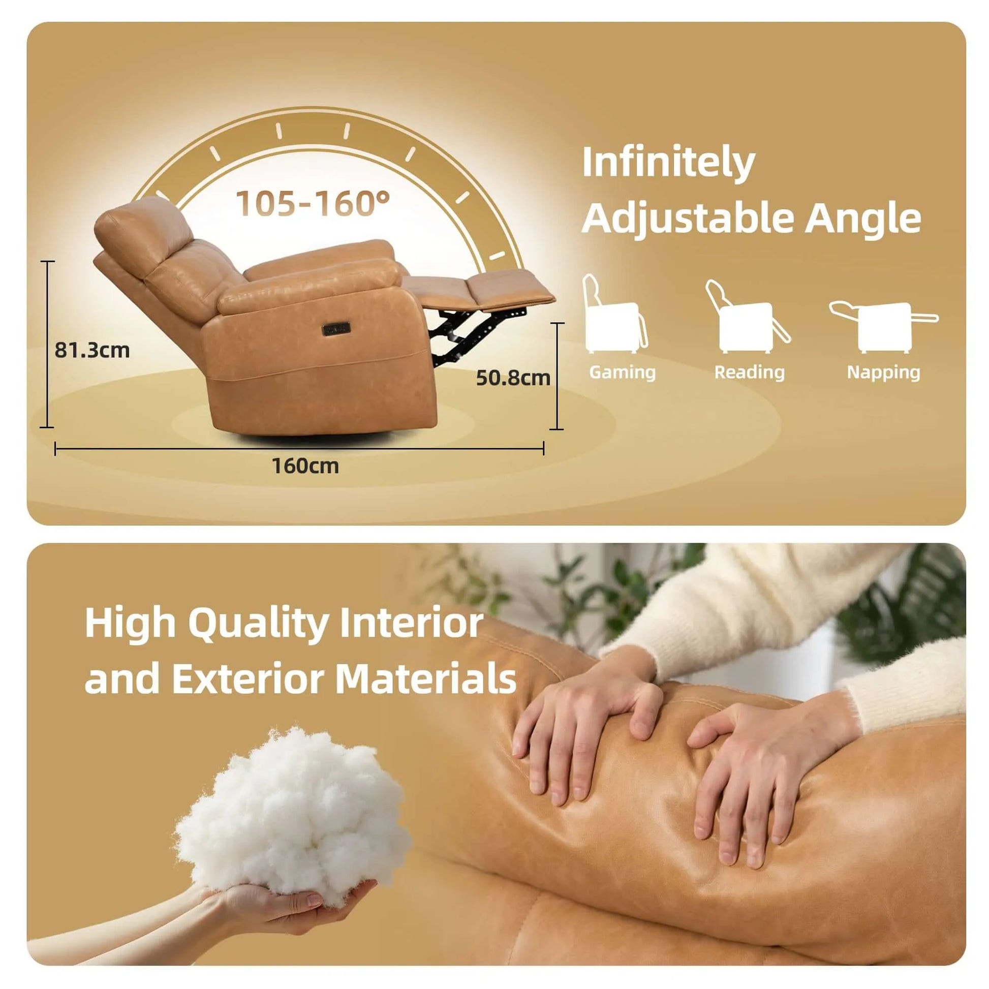 Brown recliner chair with adjustable angle and high quality materials shown.