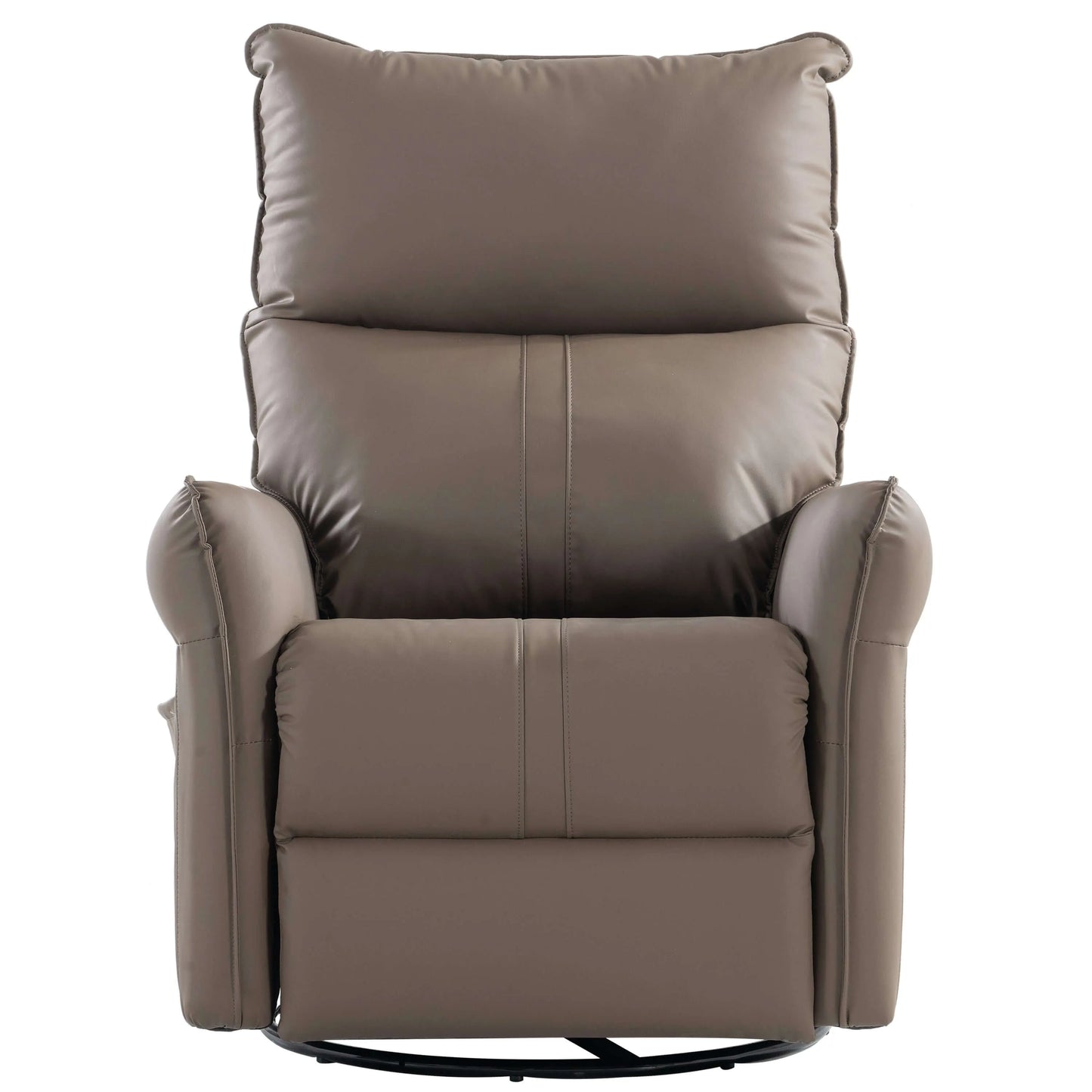 Front view of a brown leather recliner chair on a white background