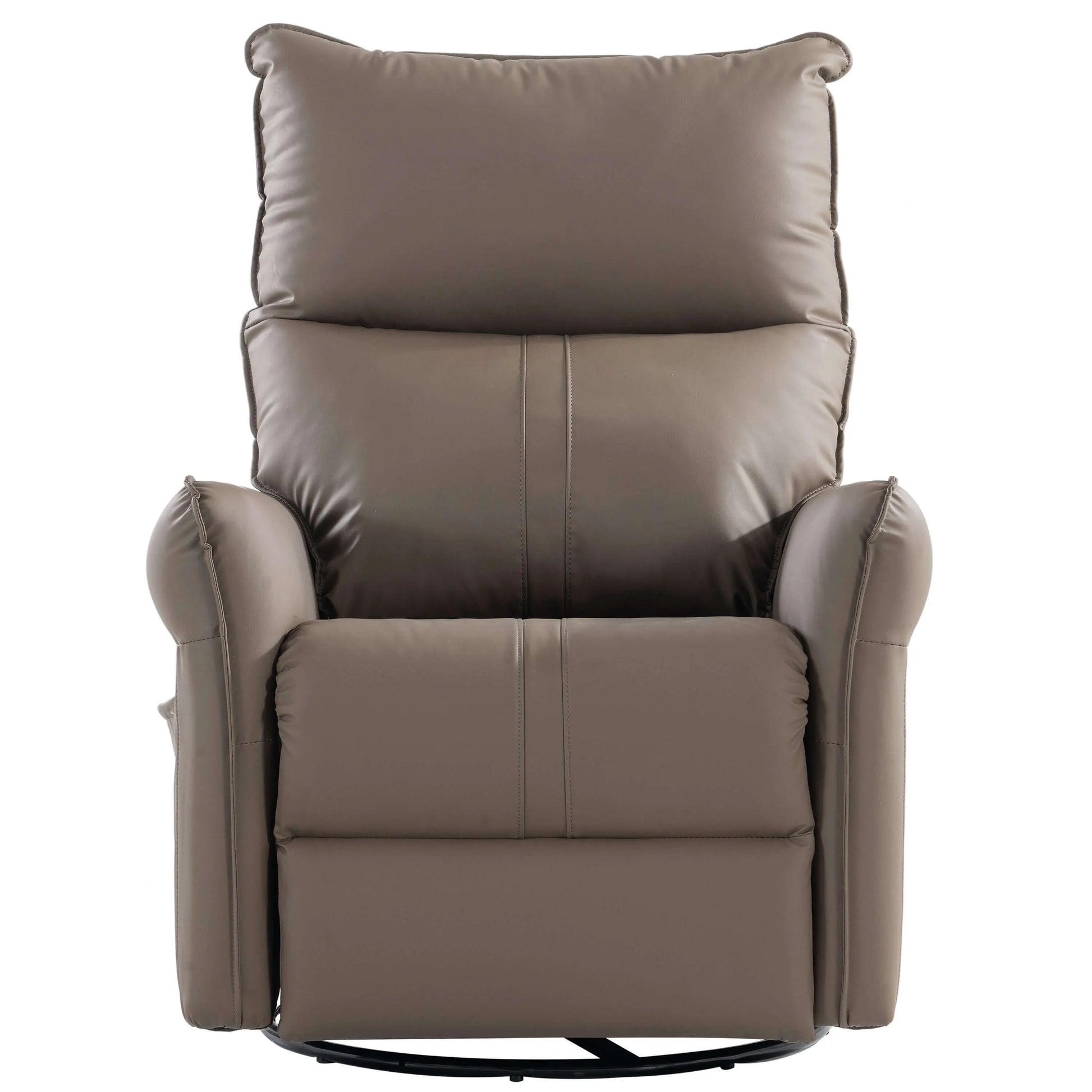 Front view of a brown leather recliner chair on a white background