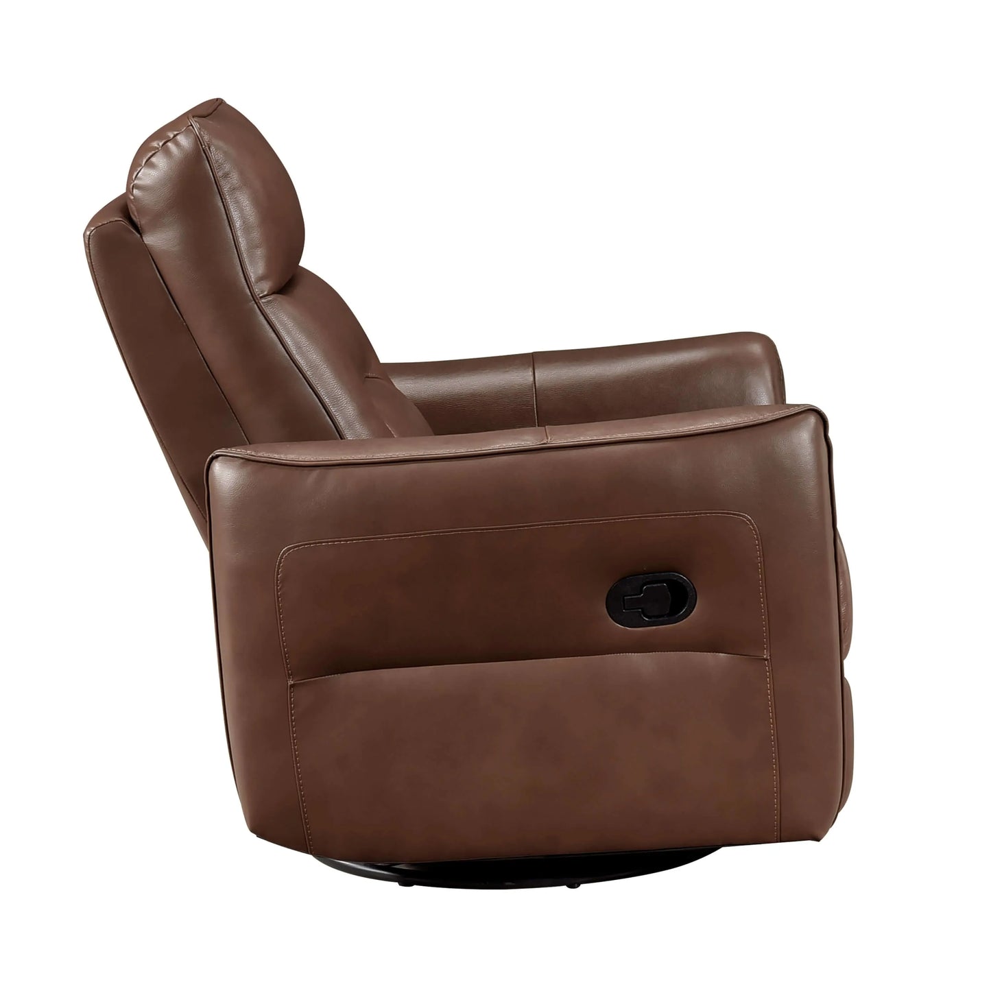 Side view of a brown leather recliner chair with manual controls on a white background