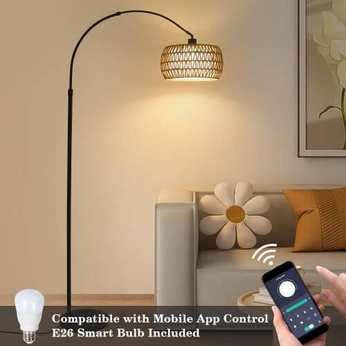 Boho Arc Floor Lamp with Remote, Dimmable LED & Rattan Shade – Black