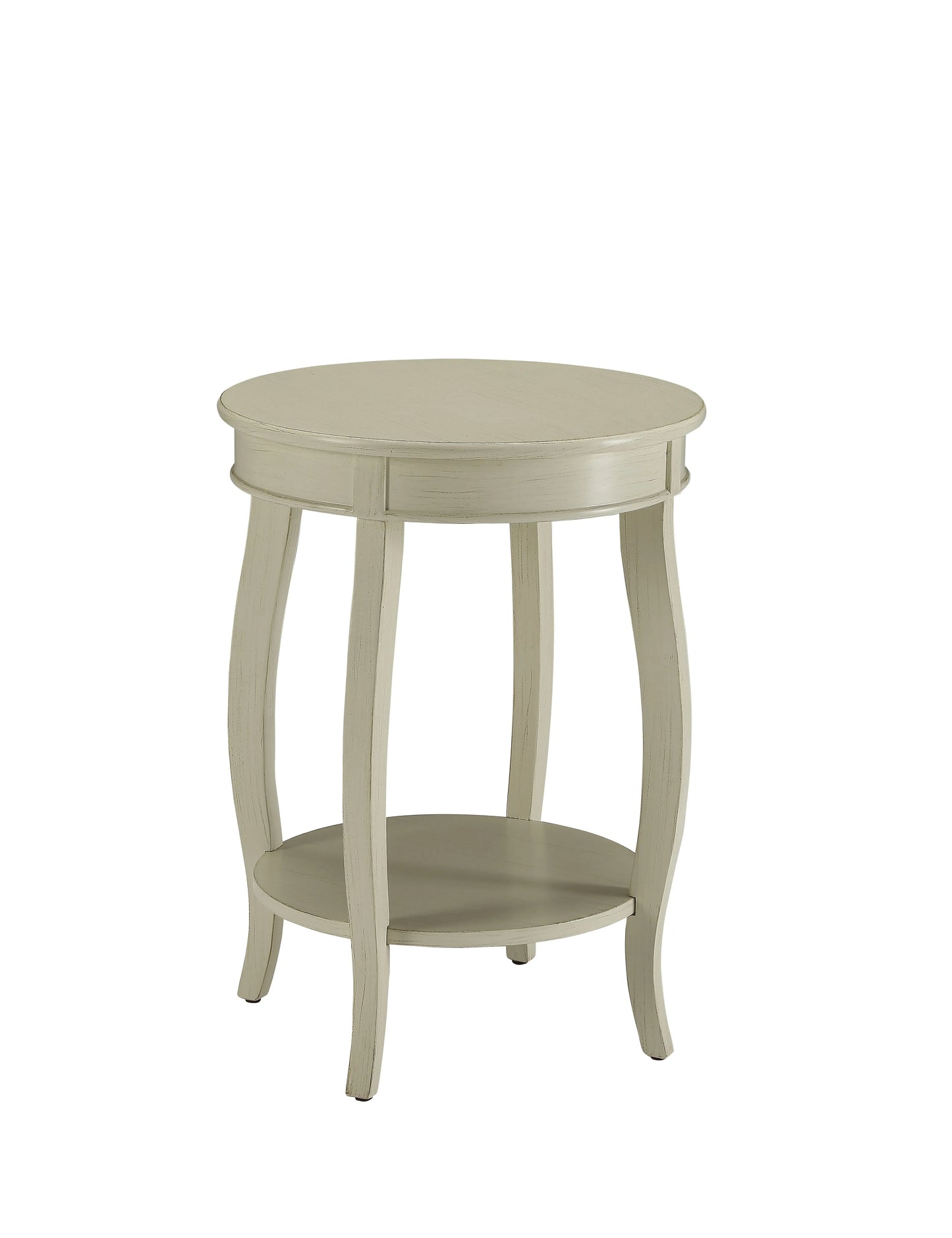 Antique white round end table with a single drawer and lower shelf on a white background